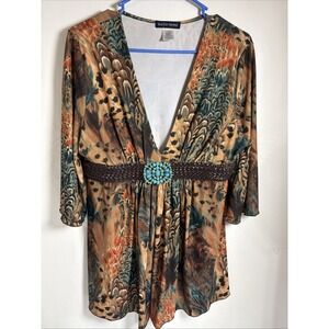 Boston Proper  V Neck Stretchy 3/4 Sleeve Leather Twist Belt Turquoise Feather L